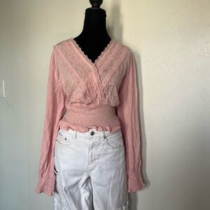 Smocked Pink Lace Trimmed Women's Top